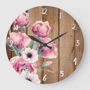 Reloj Redondo Grande Flores Campestres Madera Rústica de Granero