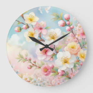 Reloj Redondo Grande Flores coloridas en tonos pastel suaves acuarela