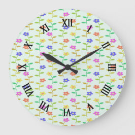 Reloj Redondo Grande Flores coloridas sobre verde pálido