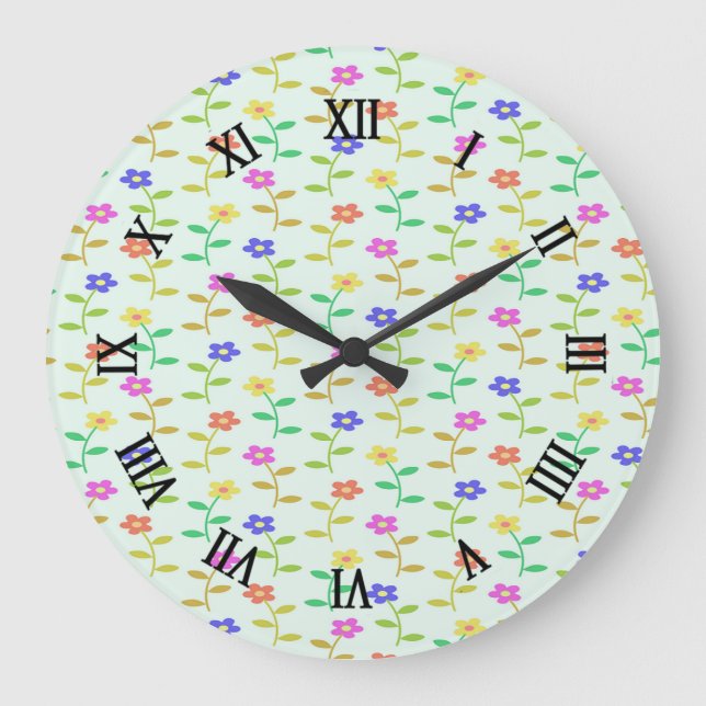 Reloj Redondo Grande Flores coloridas sobre verde pálido (Anverso)