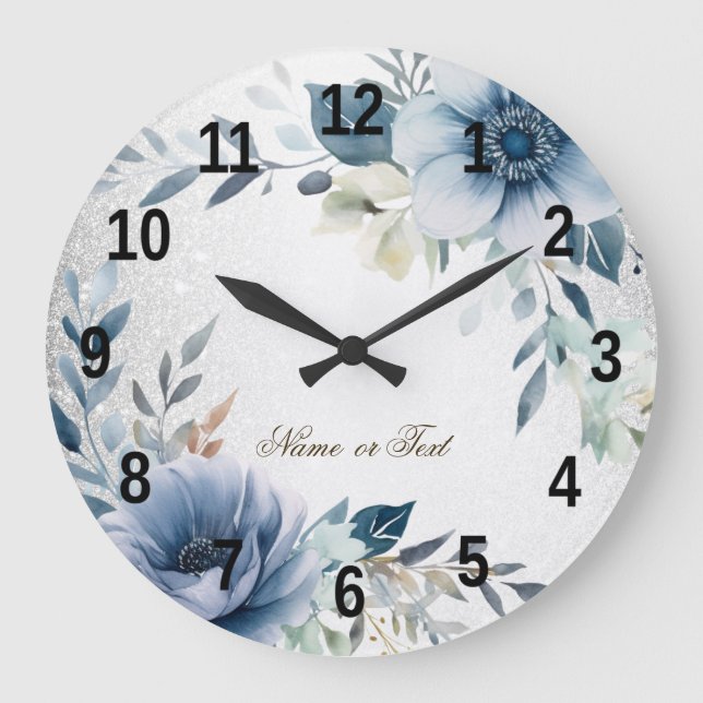 Reloj Redondo Grande Flores de Acuarela Azul Polvo Plateado Elegante (Anverso)