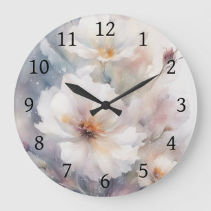 Reloj Redondo Grande Flores de acuarela digital floral Naranja púrpura