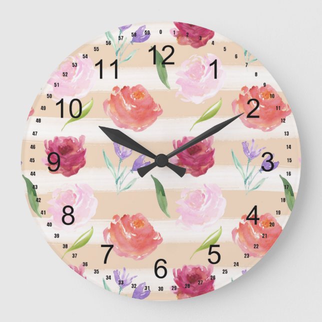 Reloj Redondo Grande Flores de acuarela y rayas (Anverso)