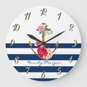 Reloj Redondo Grande Flores de Ancla Náuticas Rayas Azul Marino