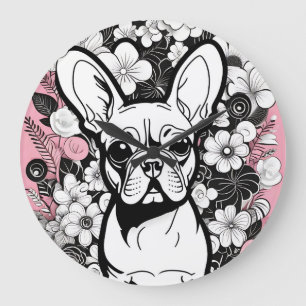 Reloj Redondo Grande Flores de arte pop y Bulldog francés