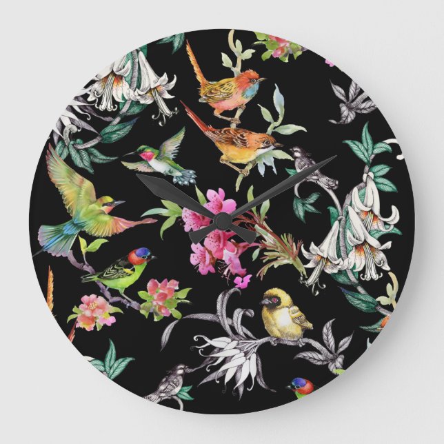 Reloj Redondo Grande Flores de aves tropicales: Patrón acuarela (Anverso)