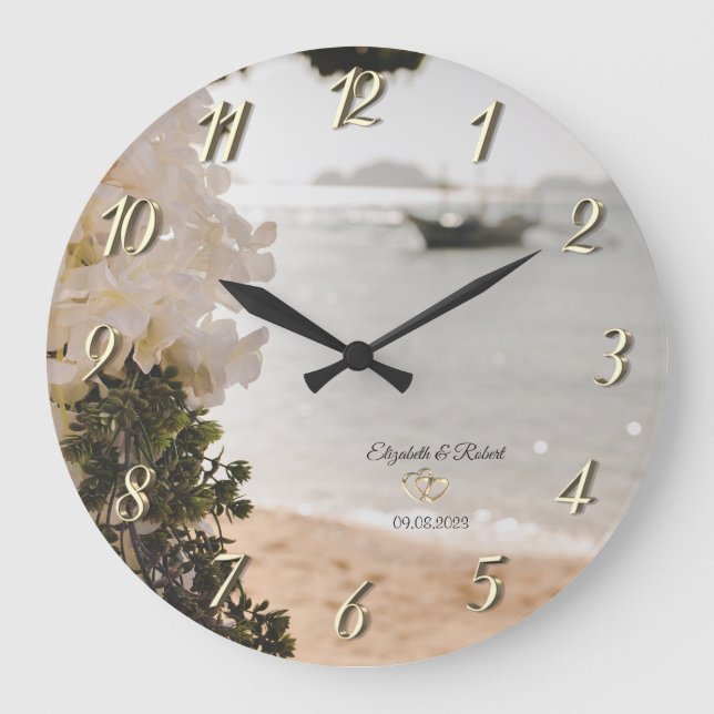 Reloj Redondo Grande Flores de barco de vela playa  (Anverso)