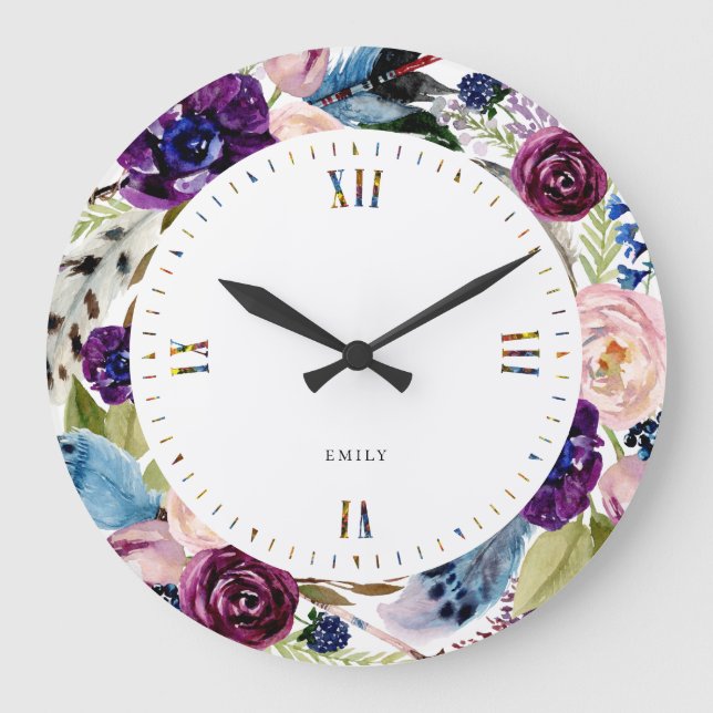 Reloj Redondo Grande Flores de boho y plumas (Anverso)