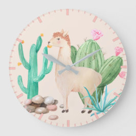 Reloj Redondo Grande Flores de Cactus de Llama del Desierto Piedras