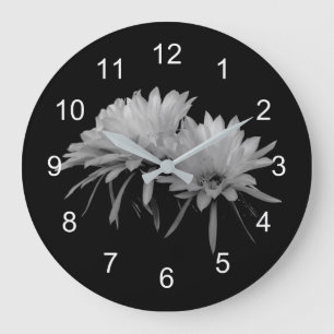 Reloj Redondo Grande Flores de cactus en blanco y negro