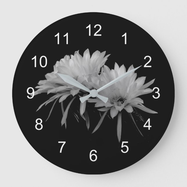Reloj Redondo Grande Flores de cactus en blanco y negro (Anverso)