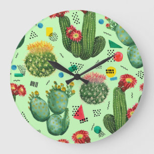 Reloj Redondo Grande Flores de cactus: fondo geométrico acuarela.