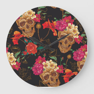 Reloj Redondo Grande Flores De Calavera: Fondo Oscuro Sin Marea.