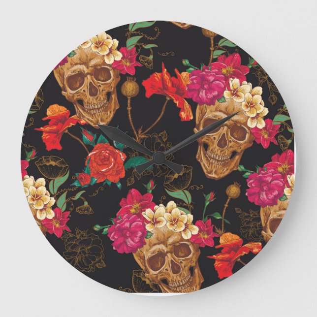 Reloj Redondo Grande Flores De Calavera: Fondo Oscuro Sin Marea. (Anverso)