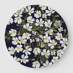 Reloj Redondo Grande Flores de campo blanco: patrón vintage.