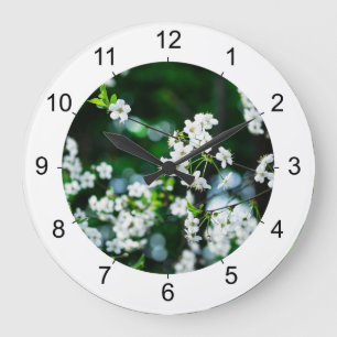 Reloj Redondo Grande Flores de cerezo blanco hojas verdes