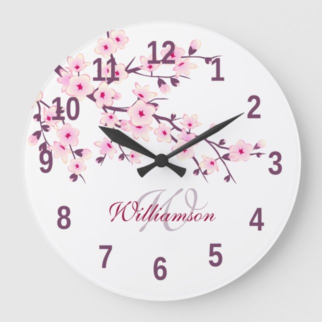 Reloj Redondo Grande Flores de cerezo Floral Monograma blanco rosado (Anverso)