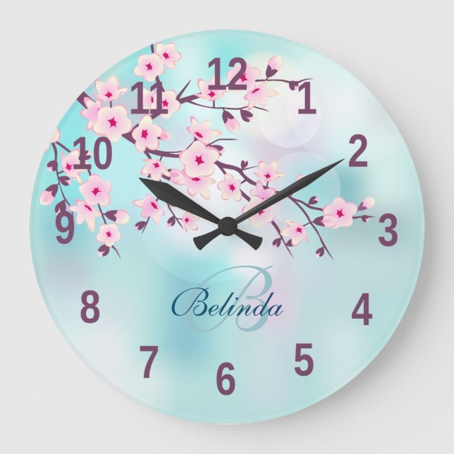 Reloj Redondo Grande Flores de cerezo Floral Turquesa rosa Añadir nombr (Anverso)