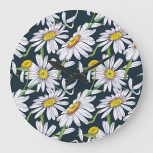 Reloj Redondo Grande Flores De Chamomile: Acuarela Azul Oscuro.