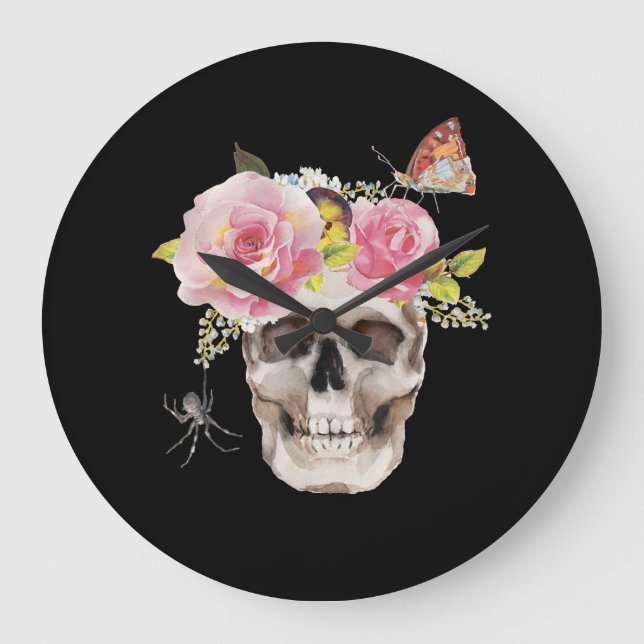 Reloj Redondo Grande Flores de cráneo: regalo de Halloween de araña mar (Anverso)
