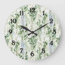 Reloj Redondo Grande Flores de Delphinium blancas lavanda