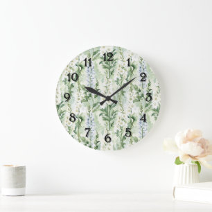 Reloj Redondo Grande Flores de Delphinium blancas lavanda  