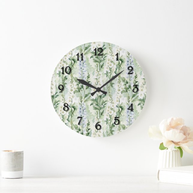 Reloj Redondo Grande Flores de Delphinium blancas lavanda   (Hogar)