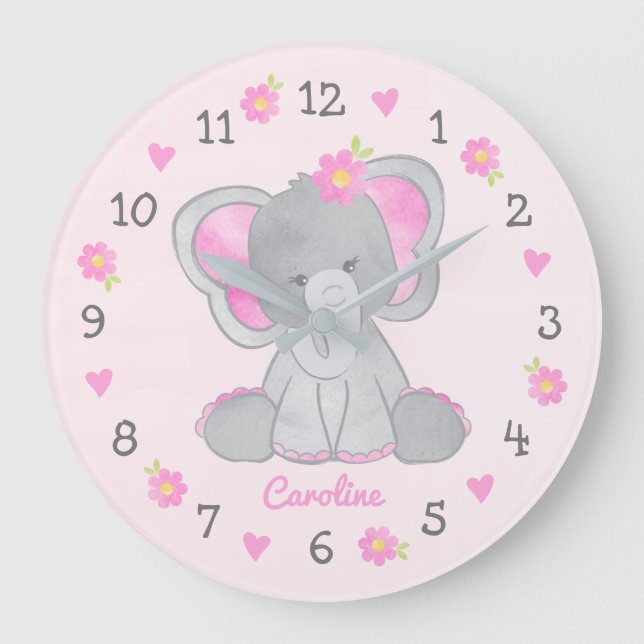 Reloj Redondo Grande Flores de elefantes grises rosados Nombre Chica Nu (Anverso)