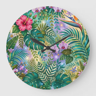 Reloj Redondo Grande Flores de Fantasía de la Jungla Morado Verde Oro S