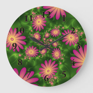 Reloj Redondo Grande Flores de fantasía rosa arte fractal abstracto mod