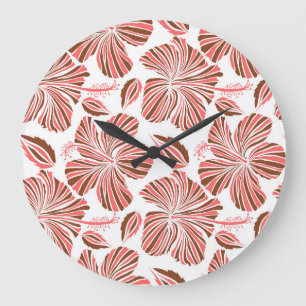 Reloj Redondo Grande Flores de hibisco hawaiano: estilo tropical marrón