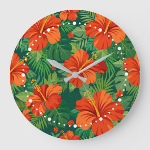 Reloj Redondo Grande Flores de Hibisco Rojo Naranja Verde Follaje de la