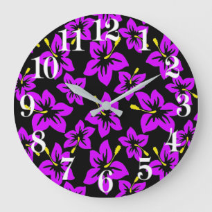 Reloj Redondo Grande Flores de Hibiscus púrpura tropical hawaiana