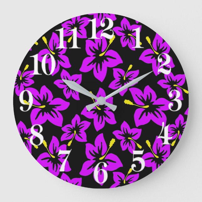 Reloj Redondo Grande Flores de Hibiscus púrpura tropical hawaiana (Anverso)