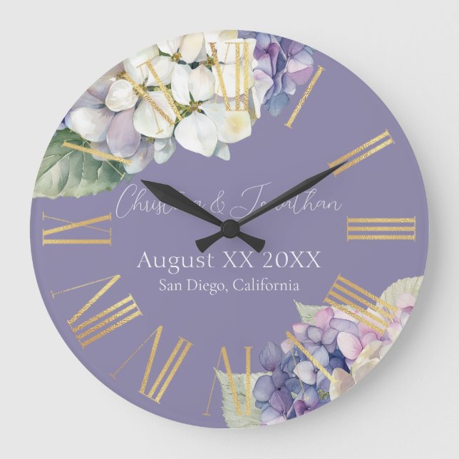 Reloj Redondo Grande Flores de Hortensias Moradas y Blancas sobre Lavan (Anverso)