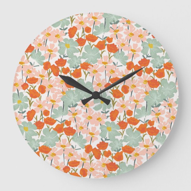 Reloj Redondo Grande Flores de jardín: rosa, naranja sin costuras (Anverso)