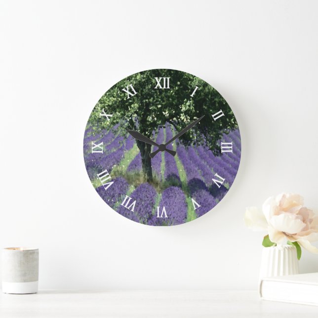 Reloj Redondo Grande Flores de lavanda morada Oliva Árboles de arte (Hogar)