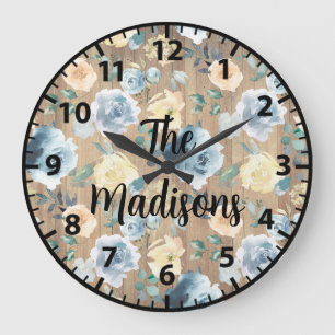 Reloj Redondo Grande Flores de madera rústica personalizadas azul crema