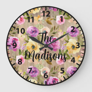 Reloj Redondo Grande Flores de madera rústica personalizadas Colores de