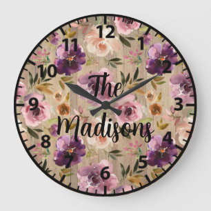 Reloj Redondo Grande Flores de madera rústica personalizadas elegantes