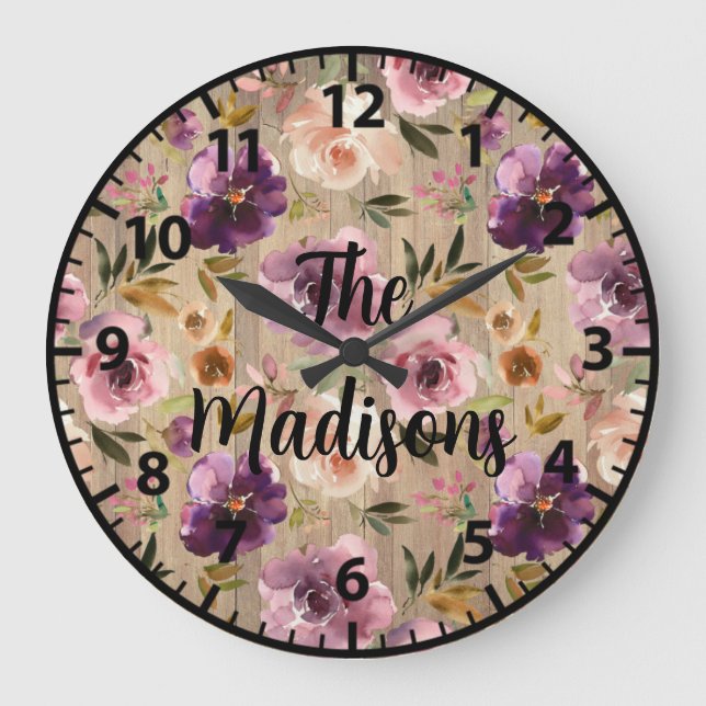 Reloj Redondo Grande Flores de madera rústica personalizadas elegantes  (Anverso)