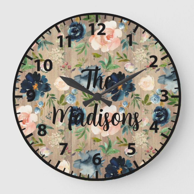 Reloj Redondo Grande Flores de madera rústica personalizadas elegantes  (Anverso)