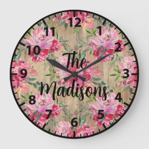 Reloj Redondo Grande Flores de madera rústica personalizadas Magnolias
