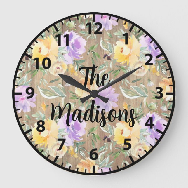 Reloj Redondo Grande Flores de madera rústica personalizadas rosas amar (Anverso)