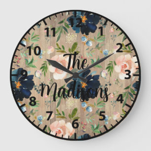 Reloj Redondo Grande Flores de madera rústica personalizadas rosas azul