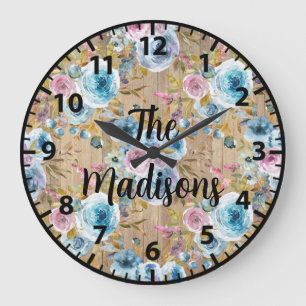 Reloj Redondo Grande Flores de madera rústica personalizadas rosas azul