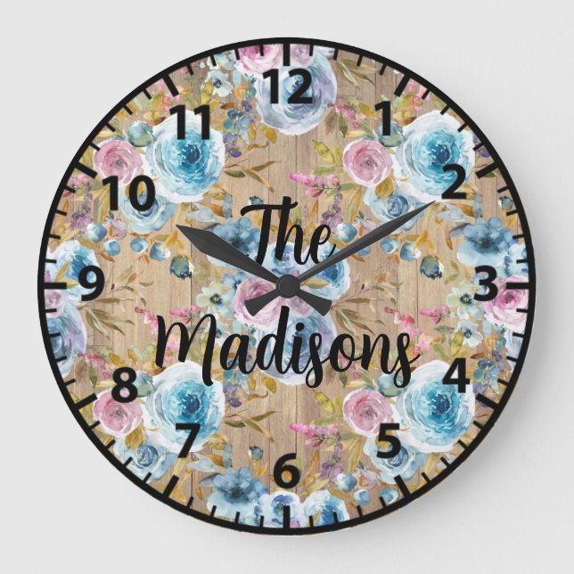 Reloj Redondo Grande Flores de madera rústica personalizadas rosas azul (Anverso)