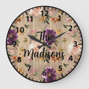 Reloj Redondo Grande Flores de madera rústica personalizadas rosas púrp