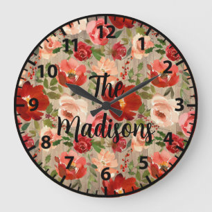 Reloj Redondo Grande Flores de madera rústica personalizadas rosas roja