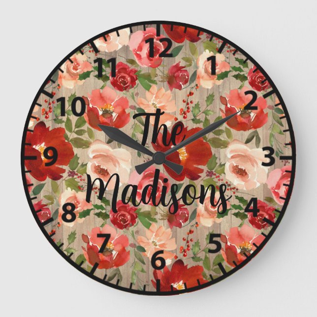 Reloj Redondo Grande Flores de madera rústica personalizadas rosas roja (Anverso)